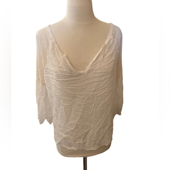 Solemio white lace detail 3/4 sleeve loose fit bohemian blouse top women’s sz m - Picture 2 of 4
